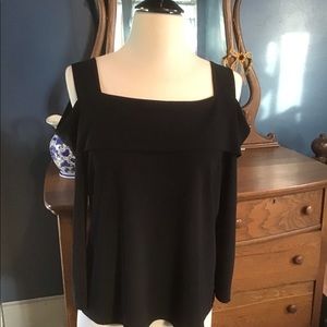 Black cold shoulder cut out draped polyester top.  No tags maker/size